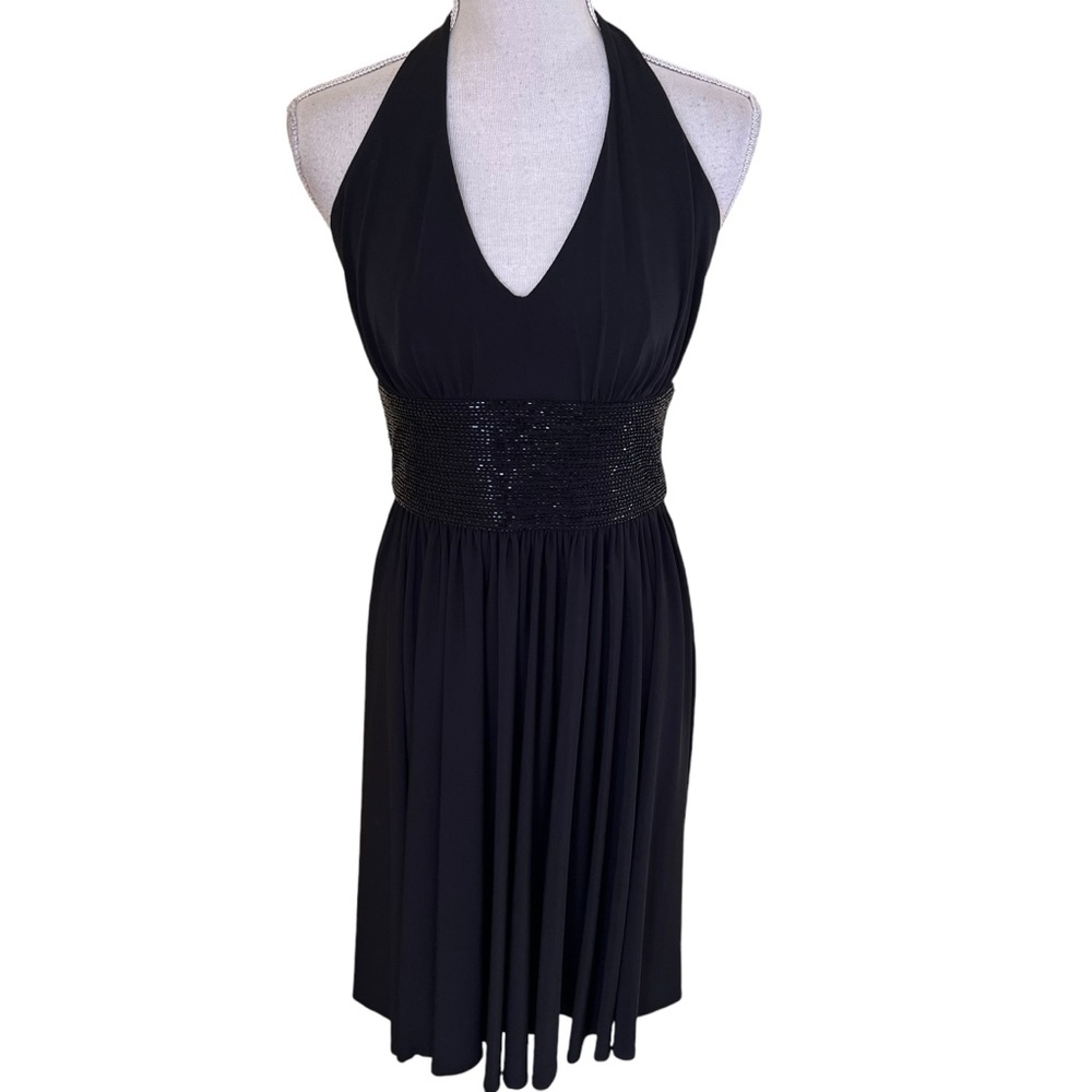 JS Boutique Black Jersey Knit Halter Dress with Wide Sequin Waistband 4
